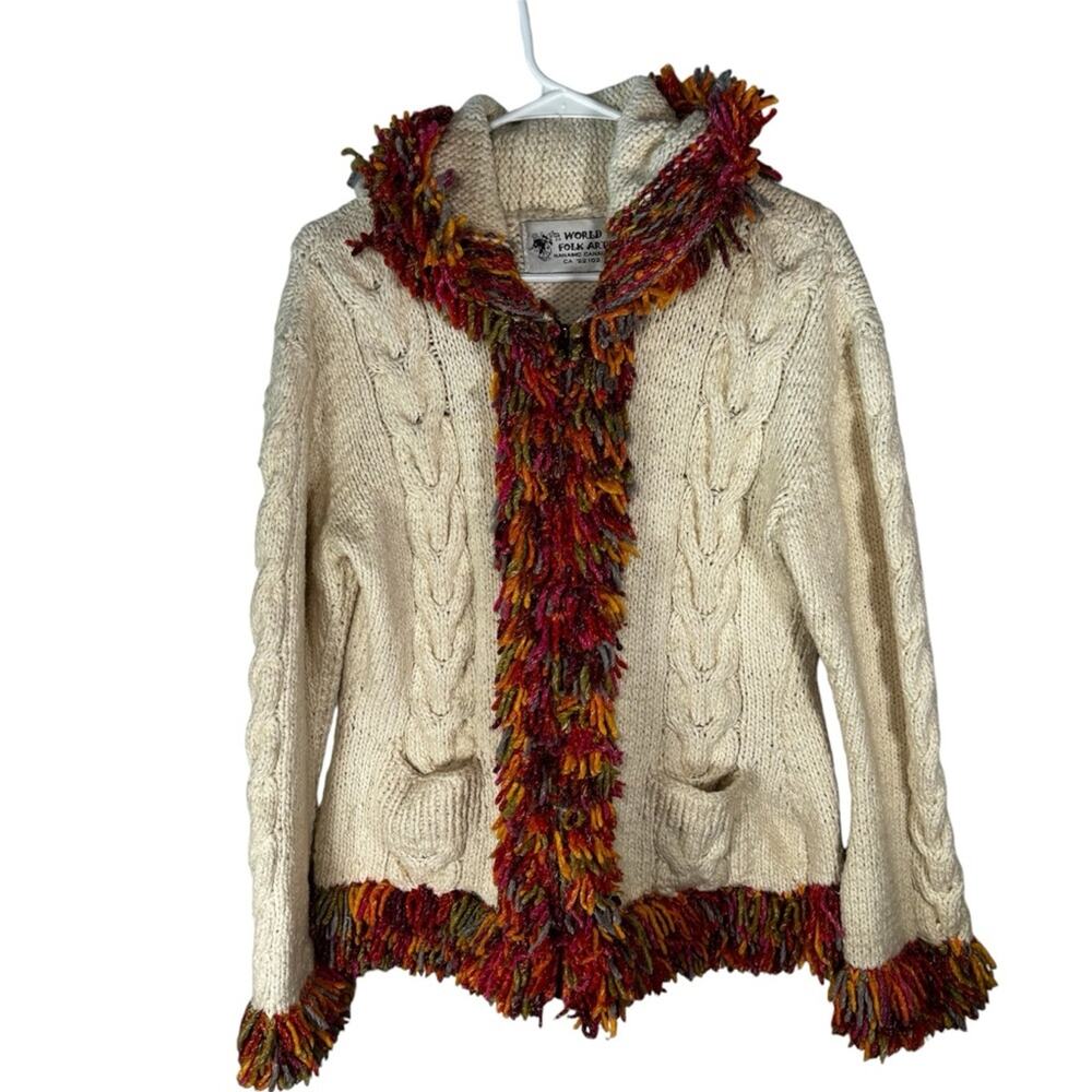World Folk Art Cable Knit Hooded Cardigan Multicolor Fringe Boho Sweater Size M